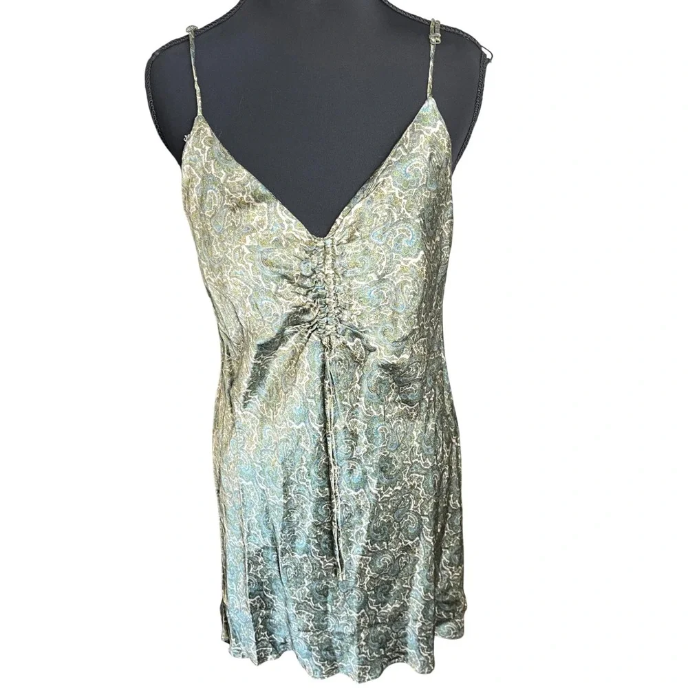 Zara Green Paisley Print Vacation Viscose Slip Dress Size L Mini Ruched V-Neck - Picture 7 of 12